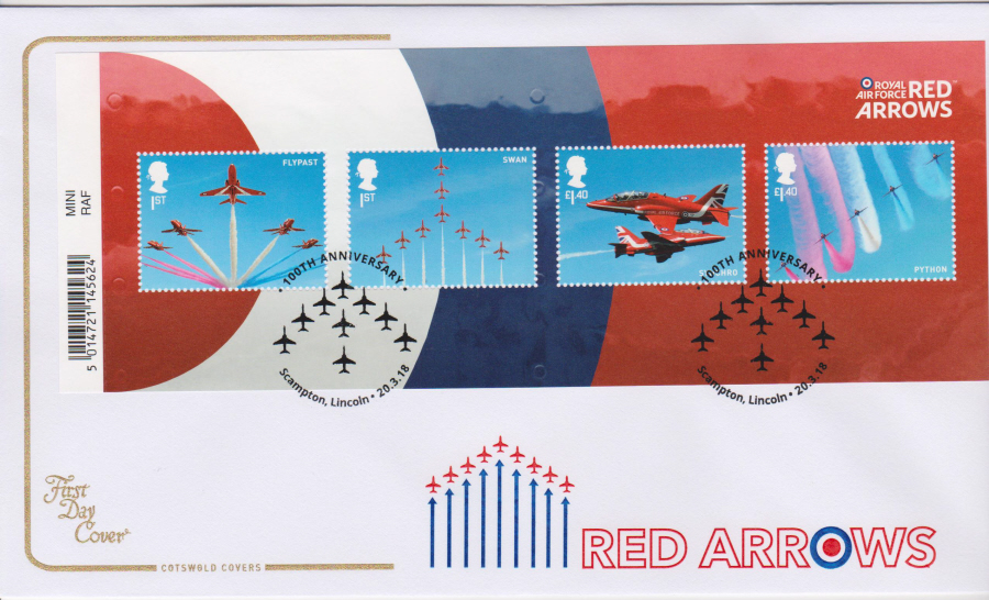 2018 Cotswold FDC - Red Arrows Mini Sheet - Scampton Lincoln Postmark - Click Image to Close