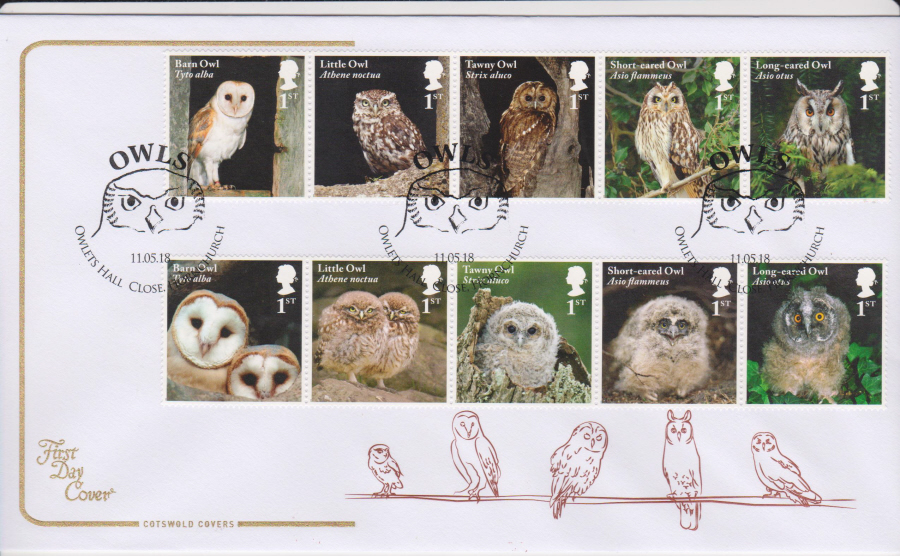 2018 Cotswold FDC - Owls - Owlets Hall Close Hornchurch Postmark - Click Image to Close