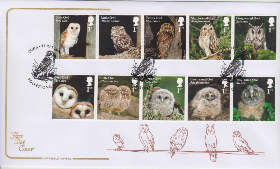 2018 Cotswold FDC - Owls - Folkestone Kent Postmark