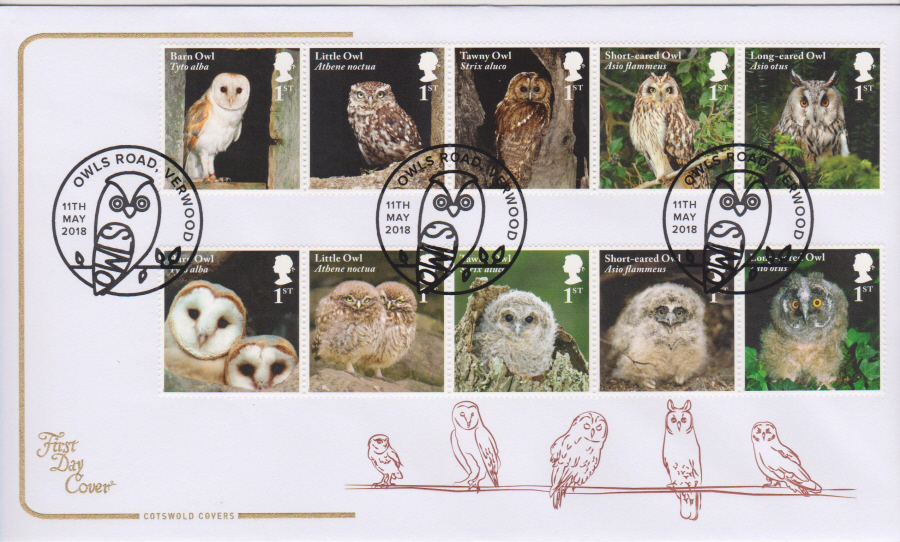 2018 Cotswold FDC - Owls - Owls Road Verwood Postmark - Click Image to Close