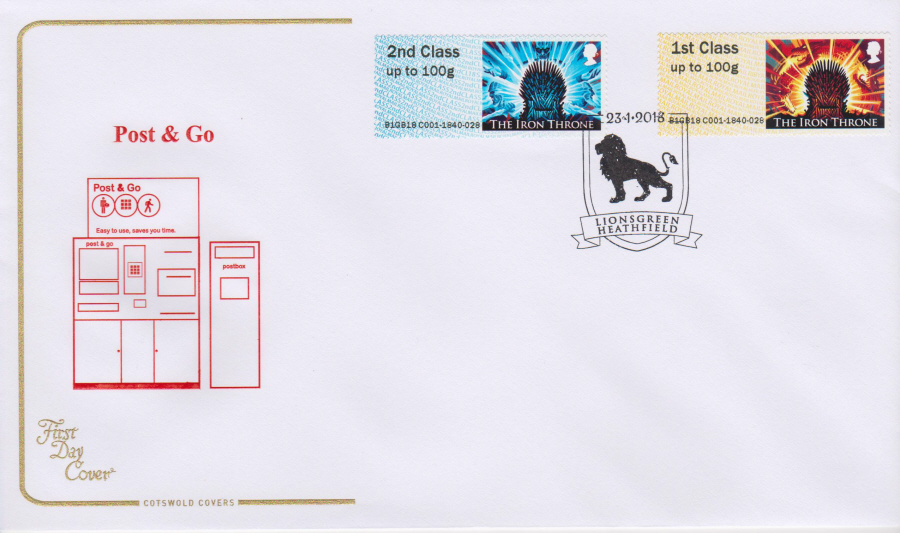 2018 Cotswold FDC - Post & Go - Game of Thrones- Lionsgreen Heathfield Postmark - Click Image to Close