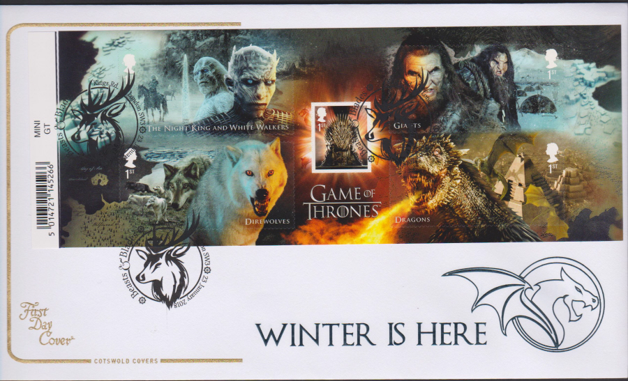 2018 Cotswold FDC - Mini Sheet - Game of Thrones- Kings Road, London SW3 Postmark - Click Image to Close