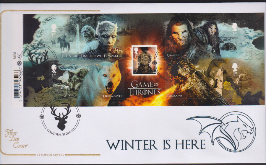 2018 Cotswold FDC - Mini Sheet - Game of Thrones- Stagsden, Bedford Postmark