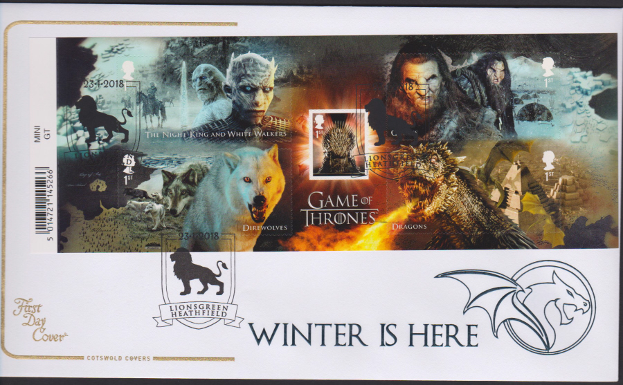 2018 Cotswold FDC - Mini Sheet - Game of Thrones- Lionsgreen Heathfield Postmark - Click Image to Close