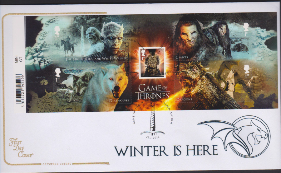 2018 Cotswold FDC - Mini Sheet - Game of Thrones- Randalstown, Antrim Postmark
