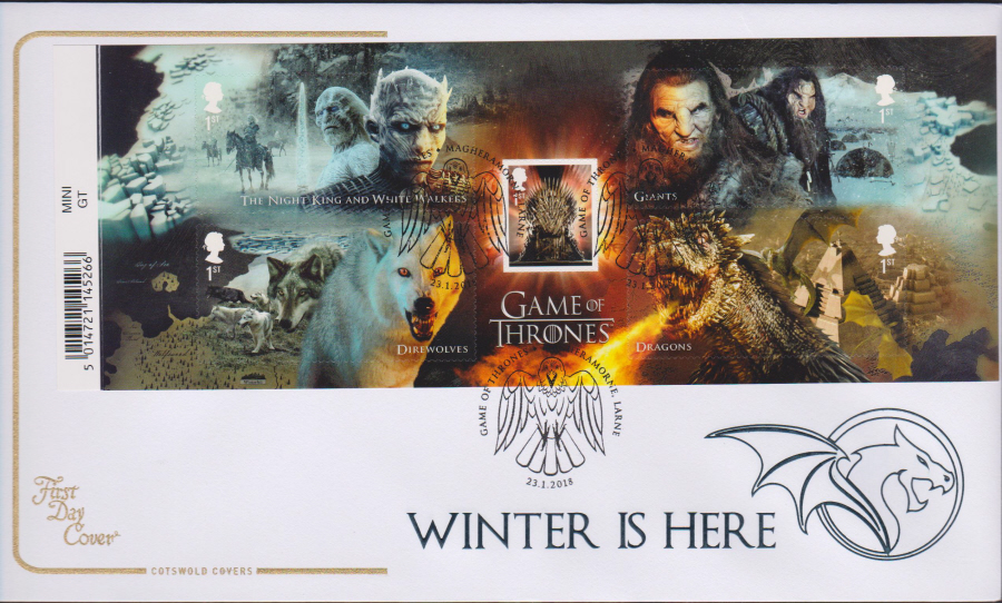 2018 Cotswold FDC - Mini Sheet - Game of Thrones- Magheramorne, Larne Postmark