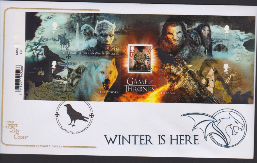 2018 Cotswold FDC - Mini Sheet - Game of Thrones- Ravenhill, Swansea Postmark