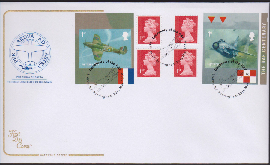 2018 Cotswold FDC - R A F - Retal Book Centenary of R A F Spitfire Rd Birmingham Postmark