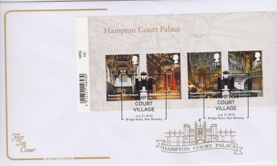 2018 Cotswold FDC -Mini Sheet - Hampton Court- Hampton Court Village East Molesey, Surrey Postmark