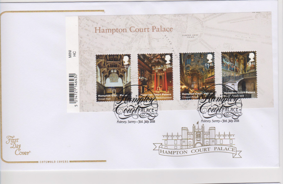 2018 Cotswold FDC -Mini Sheet - Hampton Court- Molesey, Surrey Postmark