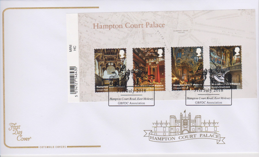2018 Cotswold FDC -Mini Sheet - Hampton Court- GBFDC Assn East Molesey, Surrey Postmark