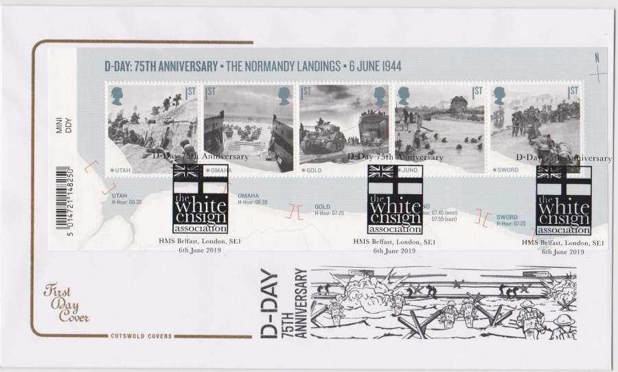 2019 FDC -D Day Mini Sheet Cotswold FDC White Ensign Assn London SE1 Postmark