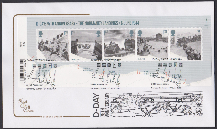 2019 FDC -D Day Mini Sheet Cotswold FDC GBFDC Assn Normandy Surrey Postmark