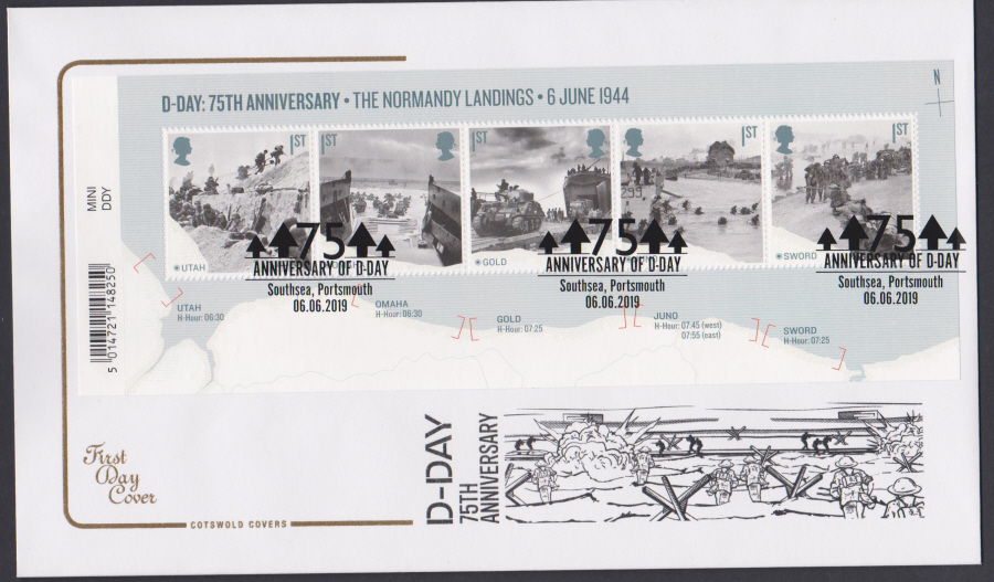 2019 FDC -D Day Mini Sheet Cotswold FDC Southsea Portsmouth Postmark