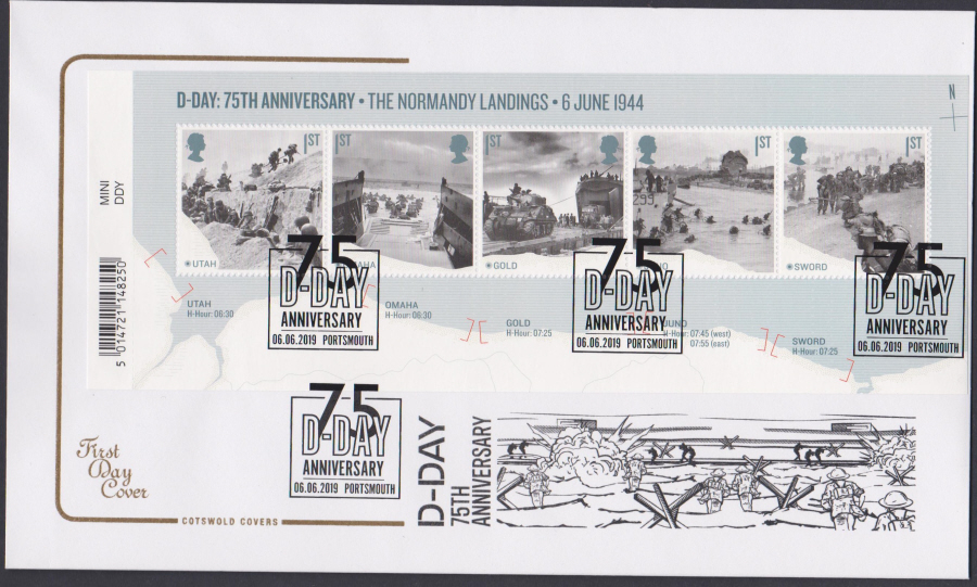 2019 FDC -D Day Mini Sheet Cotswold FDC 75 Anniv Portsmouth Postmark