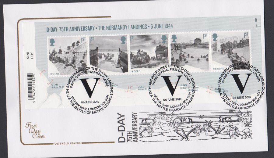 2019 FDC -D Day Mini Sheet Cotswold FDC White Ensign Assn London SE1 Postmark