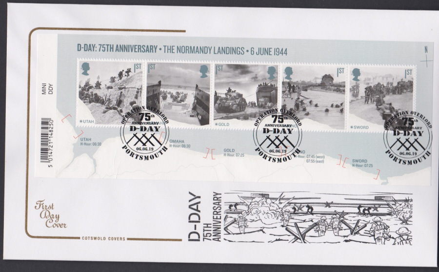 2019 FDC -D Day Cotswold Mini Sheet FDC Portsmouth Postmark