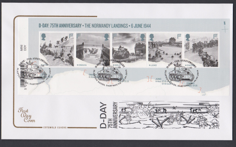 2019 FDC -D Day Mini Sheet Cotswold FDC Slalpton Sands, DartmouthPostmark