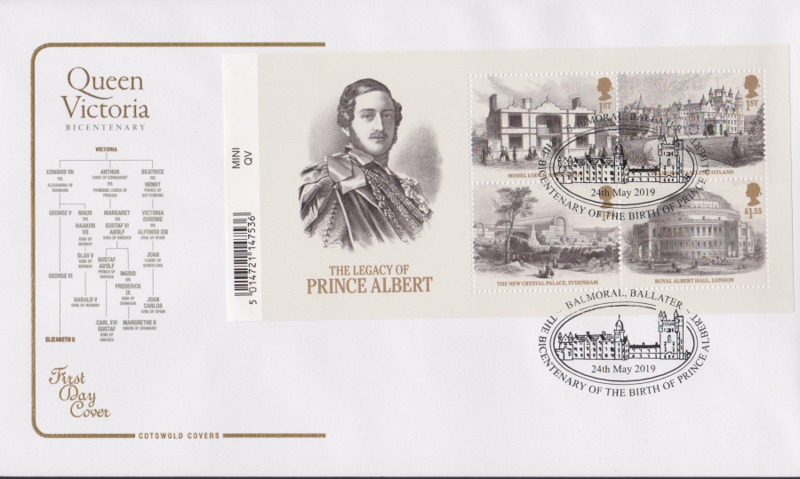 2019 Queen Victoria Bicentenary Mini Sheet COTSWOLD FDC Prince Albert Birth ,Balmoral Postmark - Click Image to Close