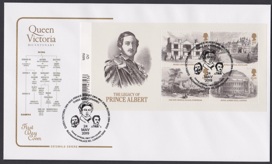 2019 Queen Victoria Bicentenary Mini Sheet COTSWOLD FDC Buckingham Palace Rd, London SW1W Postmark