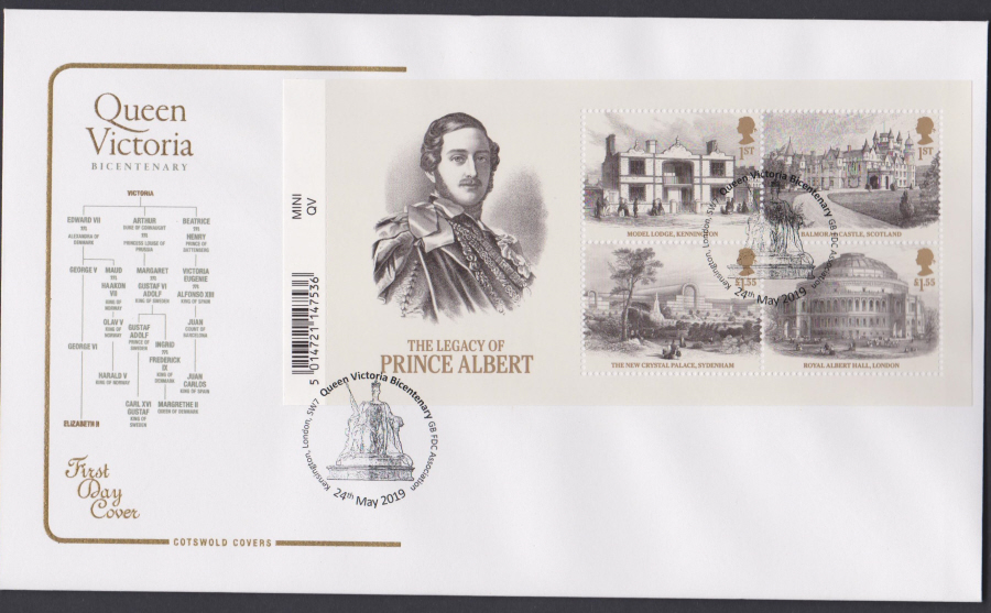 2019 Queen Victoria Bicentenary Mini Sheet COTSWOLD FDC GB FDC ASSN, Kensington,London SW7 Postmark - Click Image to Close