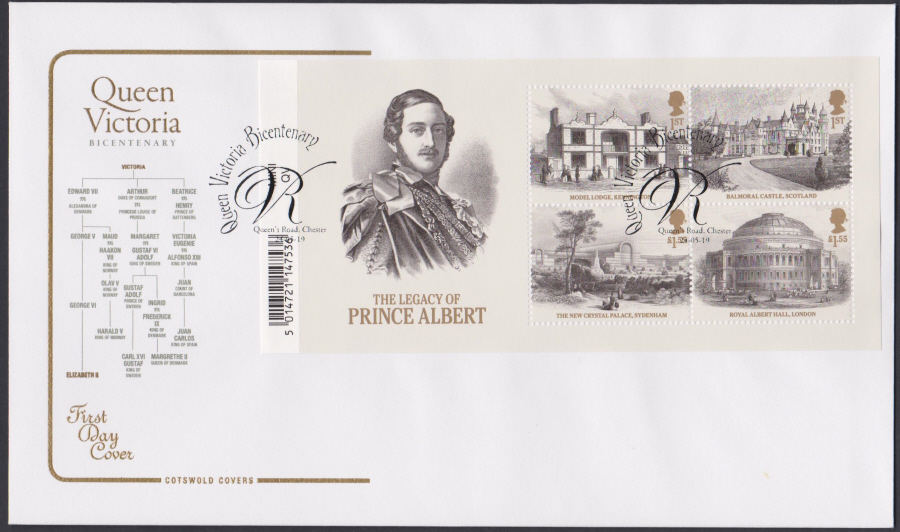 2019 Queen Victoria Bicentenary Mini Sheet COTSWOLD FDC Queen's Road,Chester Postmark