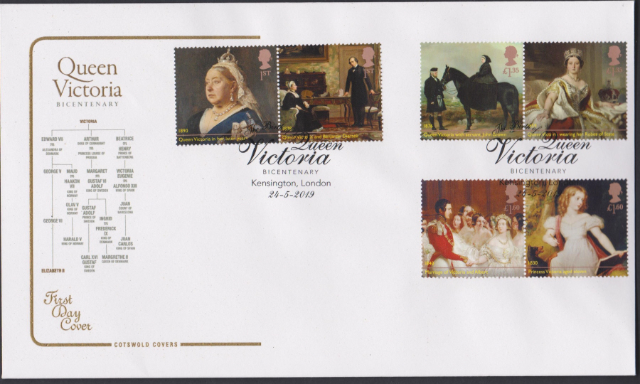 2019 Queen Victoria Bicentenary Set COTSWOLD FDC Kensington, London Postmark