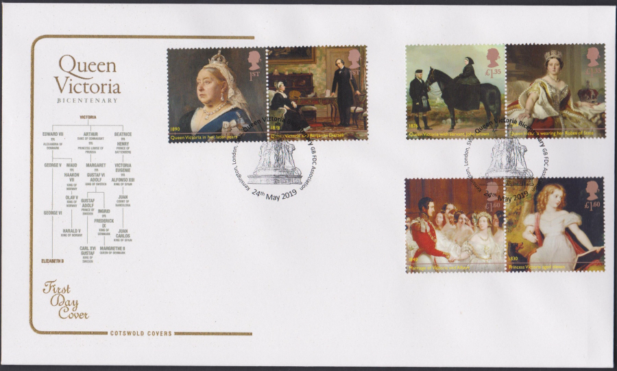 2019 Queen Victoria Bicentenary Set COTSWOLD FDC GB FDC Assn Kensington,London Postmark