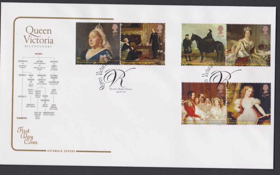 2019 Queen Victoria Bicentenary Set COTSWOLD FDC Queens Road, Chester Postmark