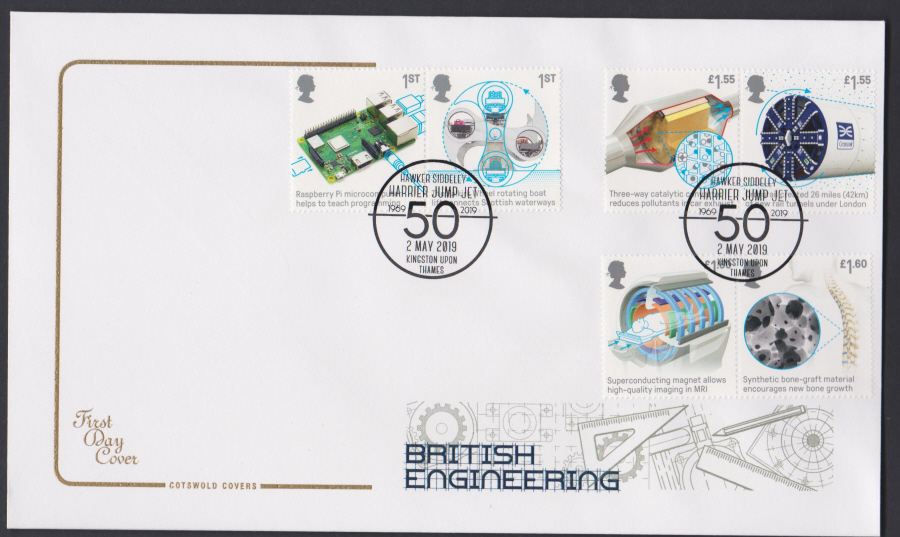 2019 British Engineering Set COTSWOLD FDC Harrier Jump Jet Kingston upon Thames Postmark - Click Image to Close