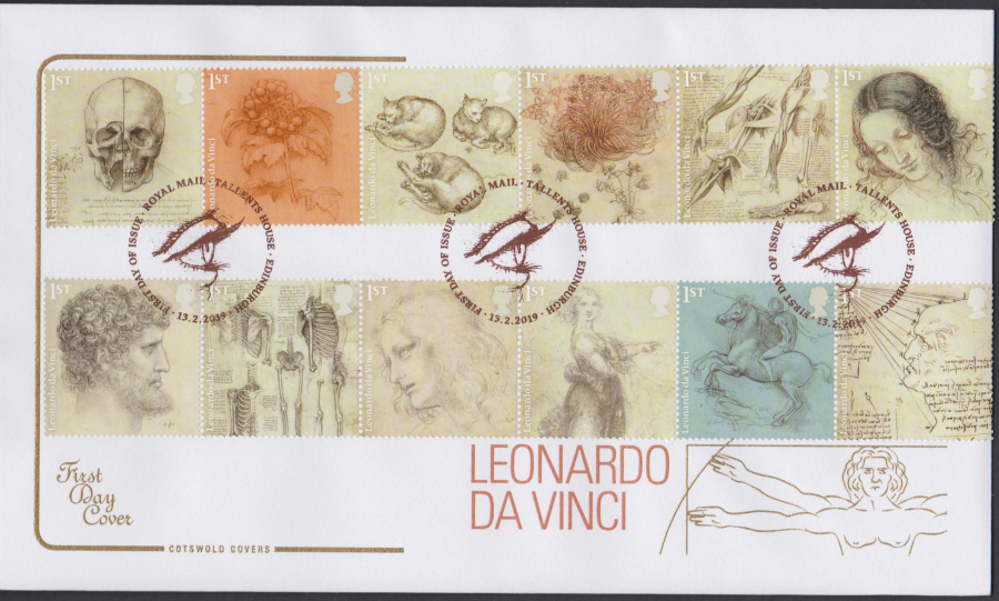 2019 Leonardo Da Vinci COTSWOLD FDC First Day Issue Tallents House Edinburgh Postmark