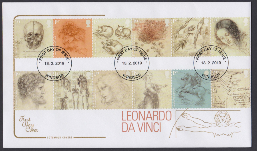 2019 Leonardo Da Vinci COTSWOLD FDC First Day of Issue Windsor NON Pictorial Postmark Postmark - Click Image to Close