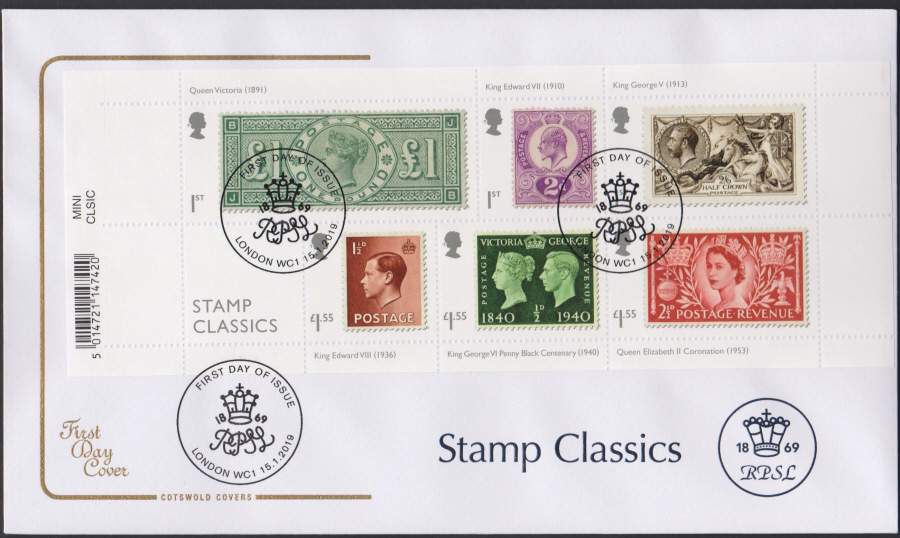 2019 FDC -Cotswold FDC Stamp Classics London WC1 Postmark - Click Image to Close