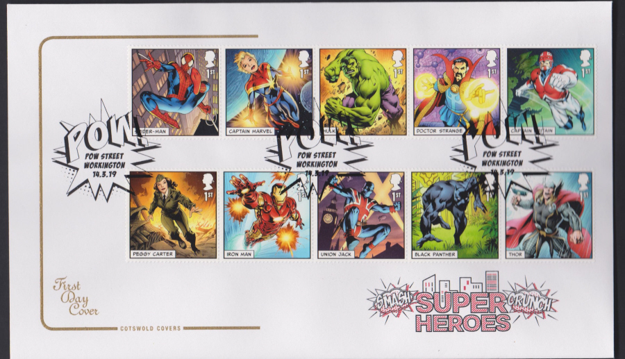 2019 FDC -Marvel Set COTSWOLD FDC Pow Street, Workington Postmark