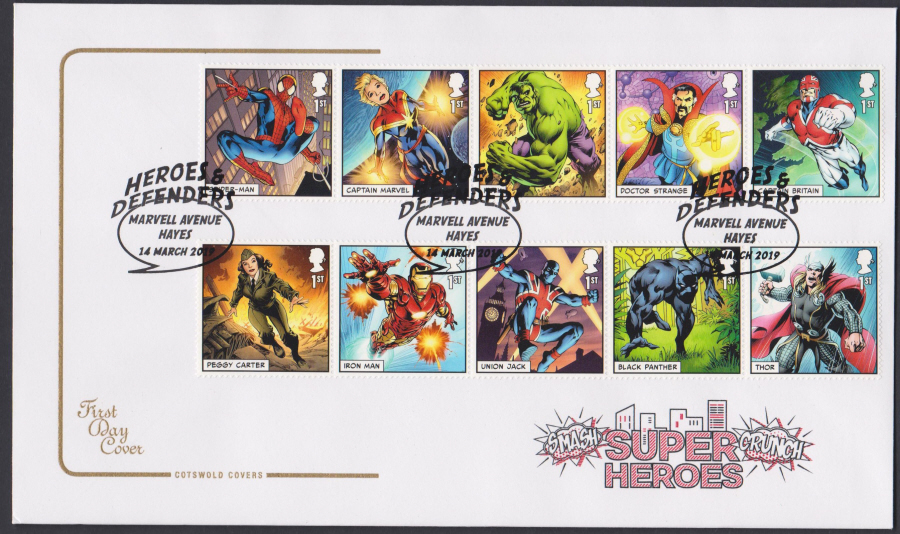 2019 FDC -Marvel Set COTSWOLD FDC Marvel Avenue, Hayes Postmark