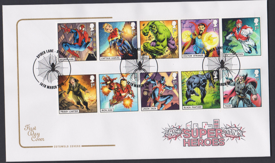 2019 FDC -Marvel Set COTSWOLD FDC Spider Lane Stroud Postmark