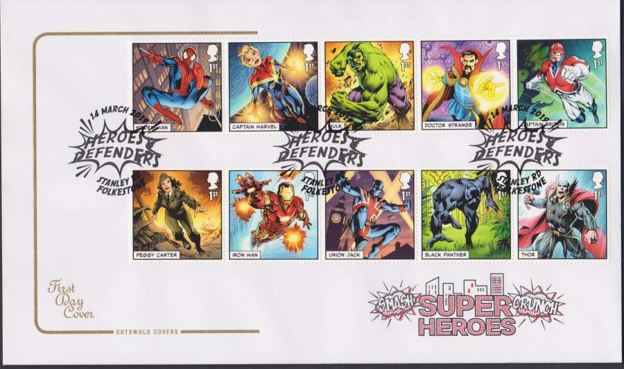 2019 FDC -Marvel Set COTSWOLD FDC Stanley Rd, Folkestone Postmark