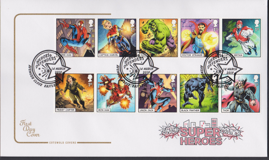 2019 FDC -Marvel Set COTSWOLD FDC Avenger Close, Eastleigh Postmark