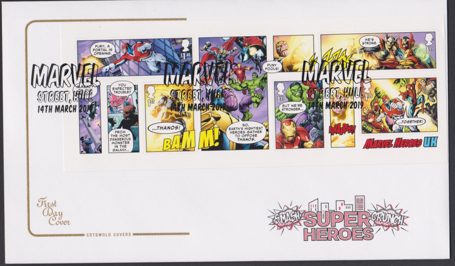 2019 FDC -Marvel Mini Sheet COTSWOLD FDC Street, Hull Postmark