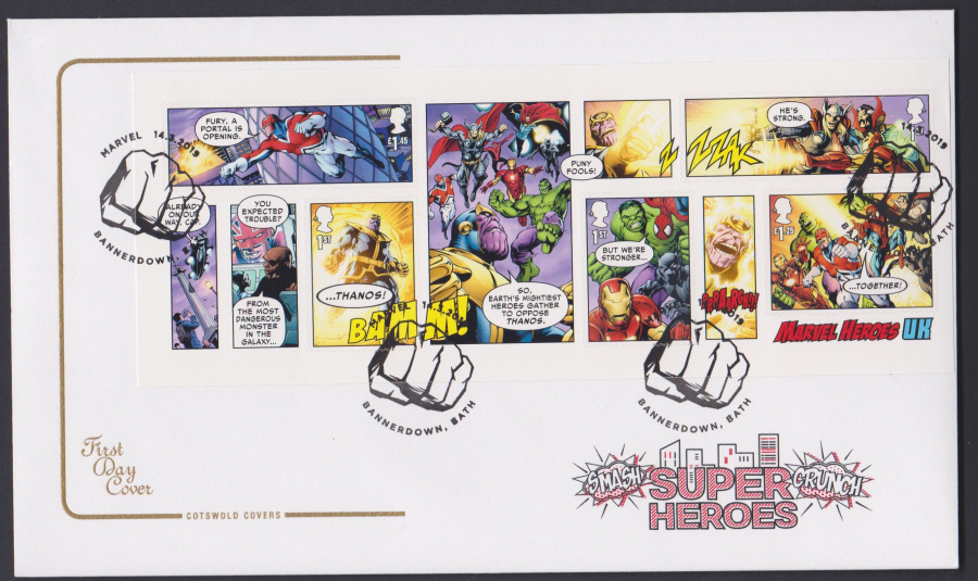 2019 FDC -Marvel Mini Sheet COTSWOLD FDC Bannerdown, Bath Postmark