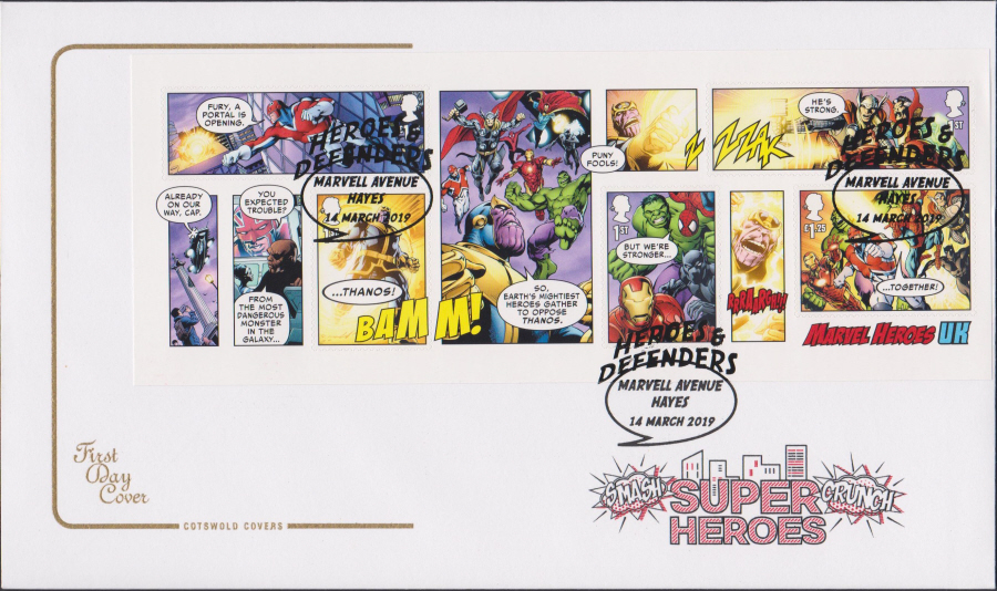 2019 FDC -Marvel Mini Sheet COTSWOLD FDC Marvell Avenue, Hayes Postmark