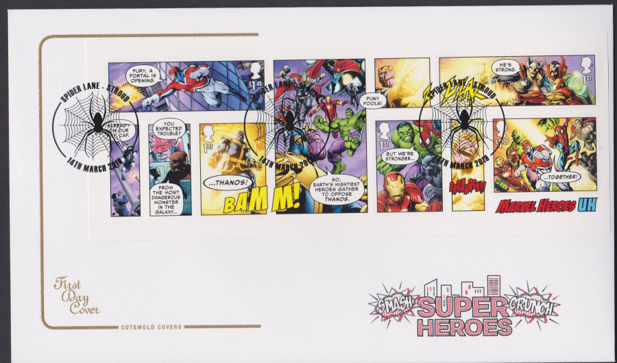 2019 FDC -Marvel Mini Sheet COTSWOLD FDC Spider Lane, Stroud Postmark