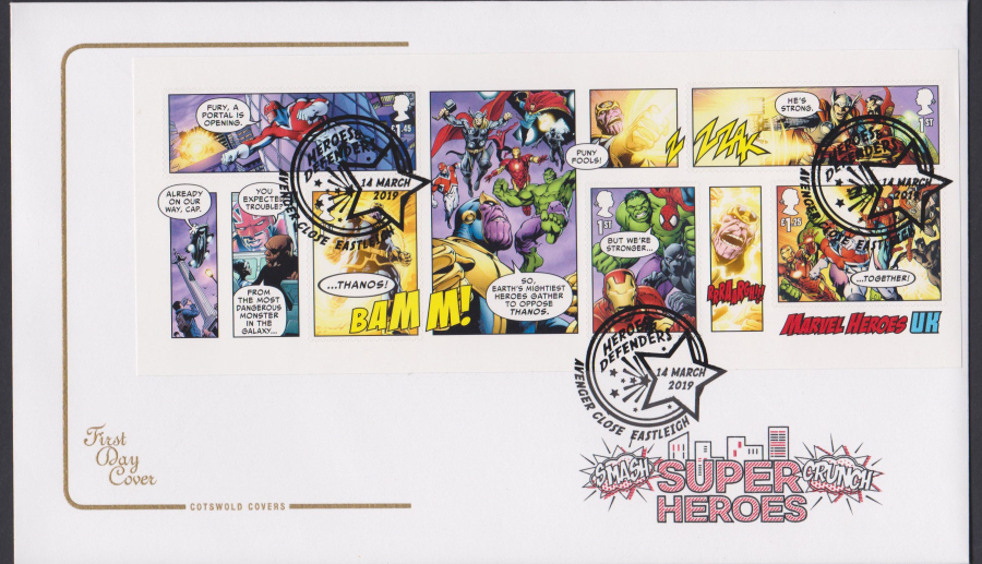 2019 FDC -Marvel Mini Sheet COTSWOLD FDC Avenger Close, Eastleigh Postmark