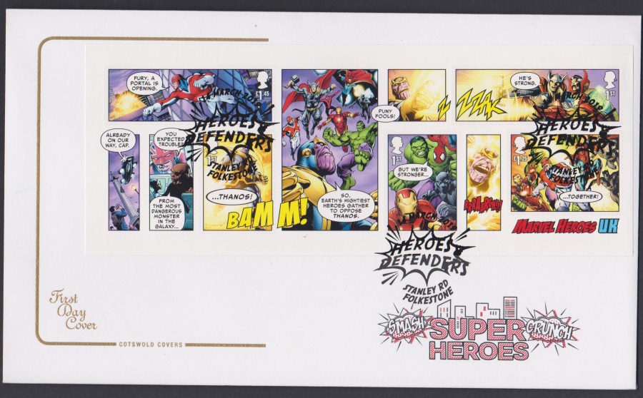 2019 FDC -Marvel Mini Sheet COTSWOLD FDC Stanley Rd, Folkestone Postmark