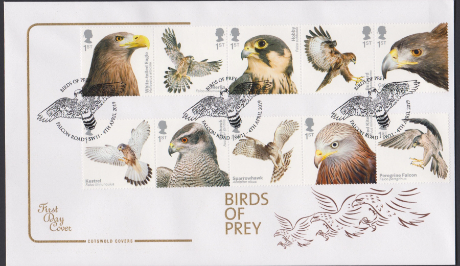 2019 FDC - Birds of Prey COTSWOLD FDC Falcon Road SW11 Postmark - Click Image to Close