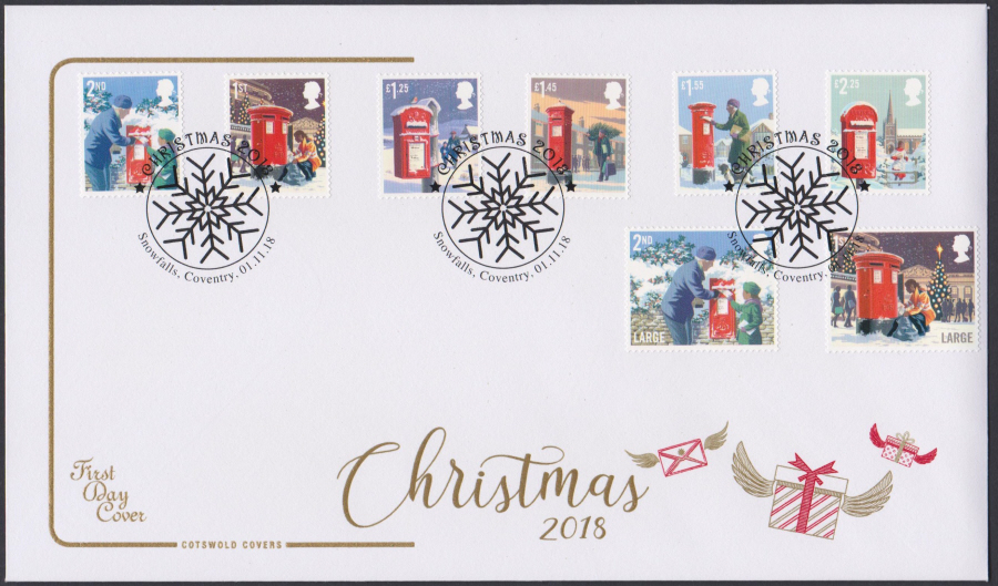2018 FDC -Cotswold Christmas Set - Snowfalls,Coventry Postmark - Click Image to Close