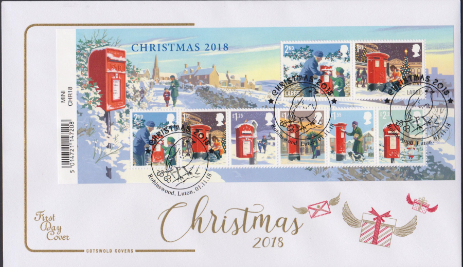 2018 FDC - Cotswold Christmas Mini Sheet - Robinswood, Luton Postmark
