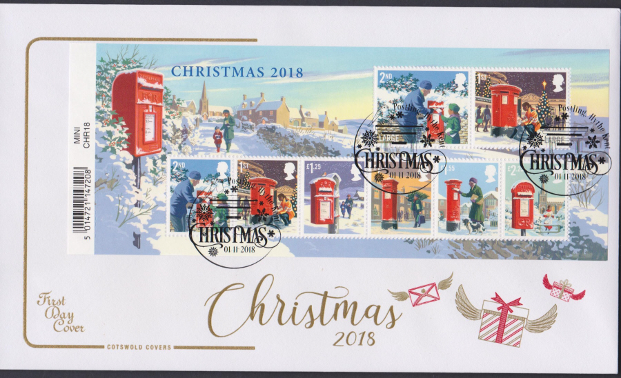 2018 FDC - Cotswold Christmas Mini Sheet - Postling,Hythe Kent Postmark