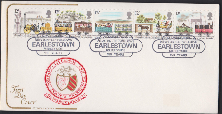 1980 Cotswold FDC Liverpool & Manchester Railway :-Earlstown,Merseyside Postmark