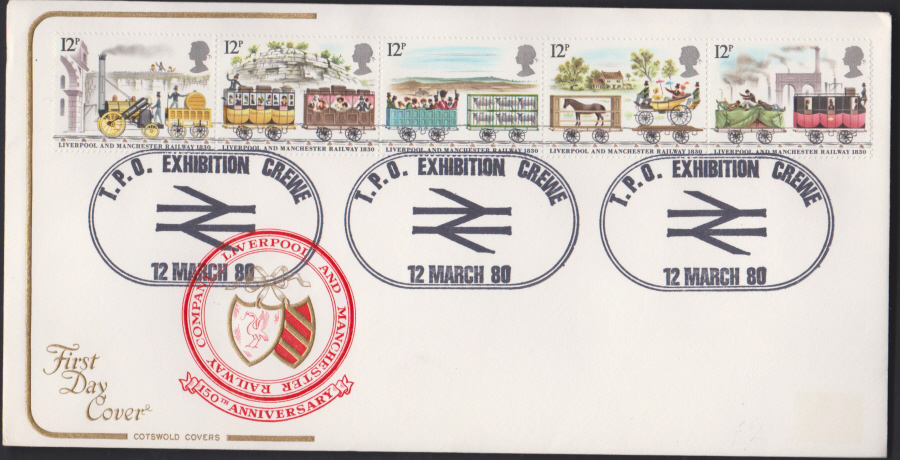 1980 Cotswold FDC Liverpool & Manchester Railway :-T P O Exhibition,Crewe Postmark